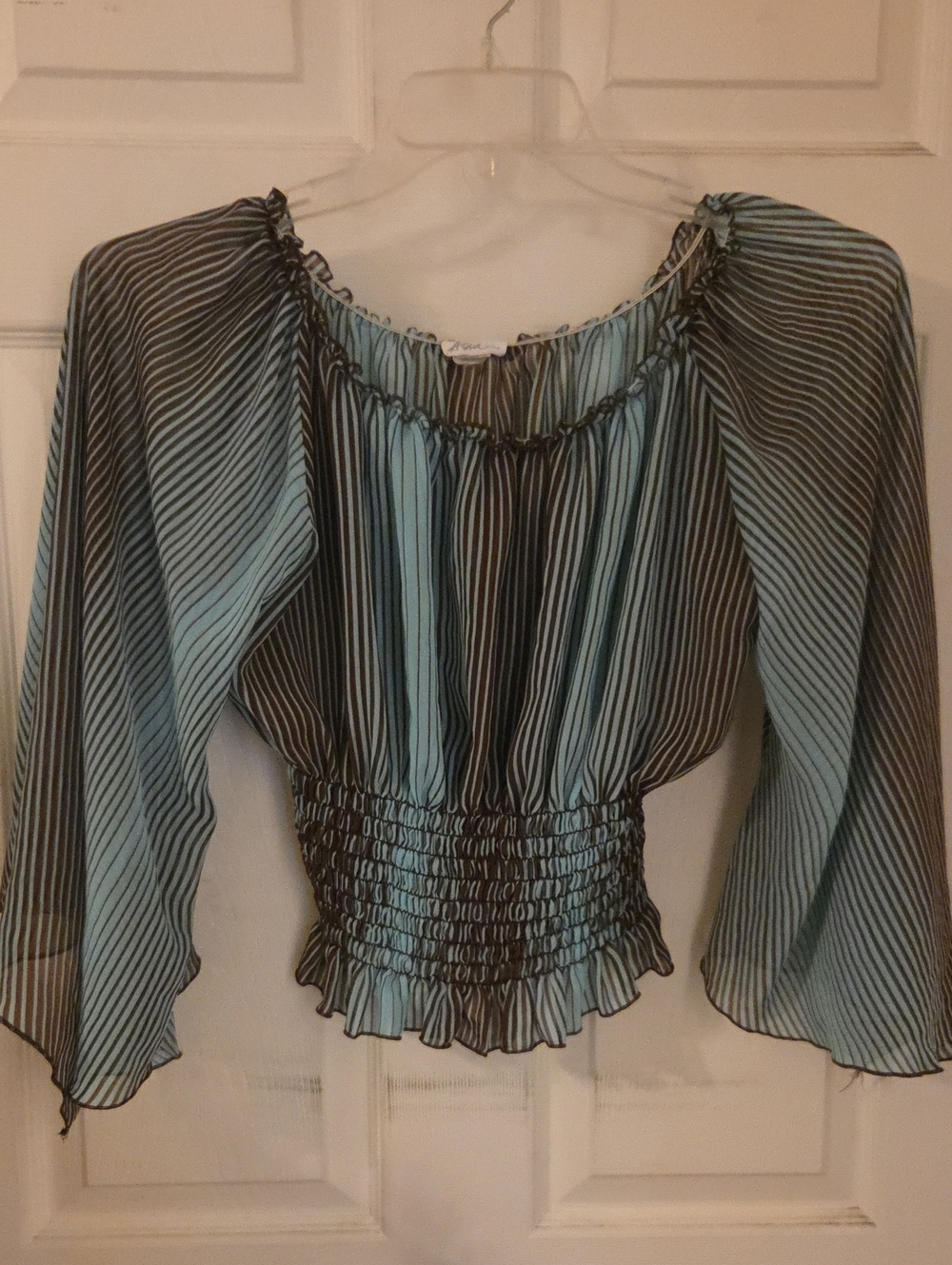 Y2K Striped Smocked Waist Peasant Top - Aqua/Brown
